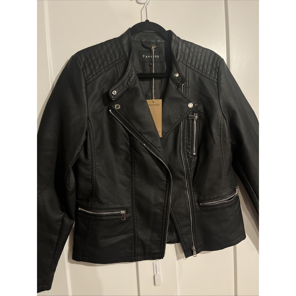 Fahsyee Women's Faux Leather Jacket Full Zip Pockets Buttons Size Large Black